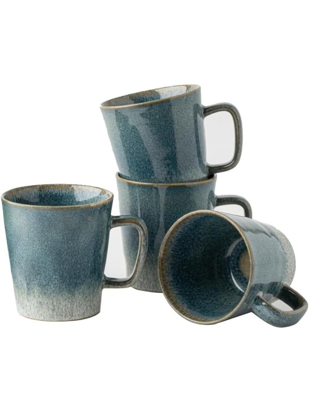 Vintage Blue Stoneware Coffee Mugs Set of 4 - 12 oz Ceramic Tea Cups